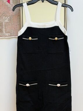 English Factory Black Knit Pocket Dress with White Trim and Gold Buttons